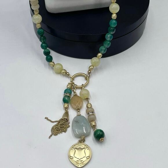 Chicos Green Collection agate, jade amazonite Goldtone Long
Tassel Necklace New - Picture 3 of 16